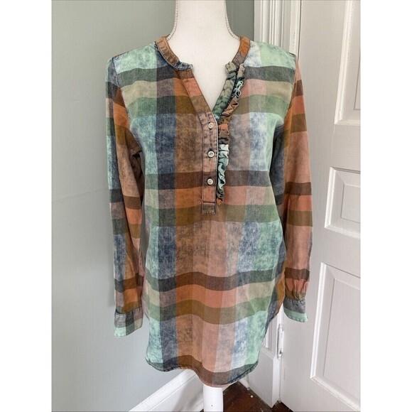 Anthropologie Tops - Anthropologie Isabella Sinclair sz. M Plaid Ruffle Flannel Popover Shirt